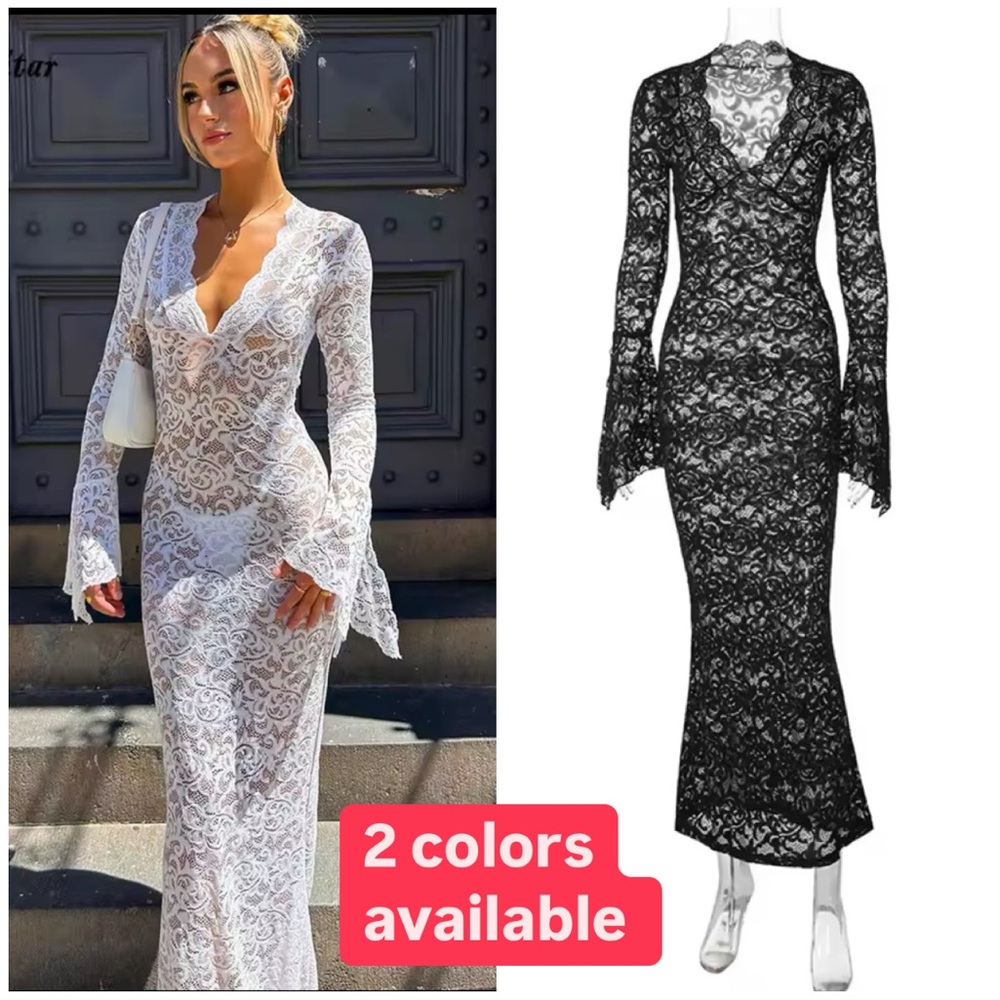 Elegant Lace Maxi Dress - White and Black